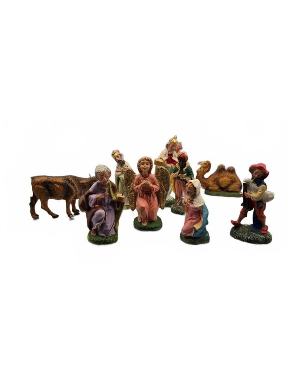Vtg Italy Nativity Set, 10 Hand Painted Figures, Cow Angel Camel, No baby Jesus